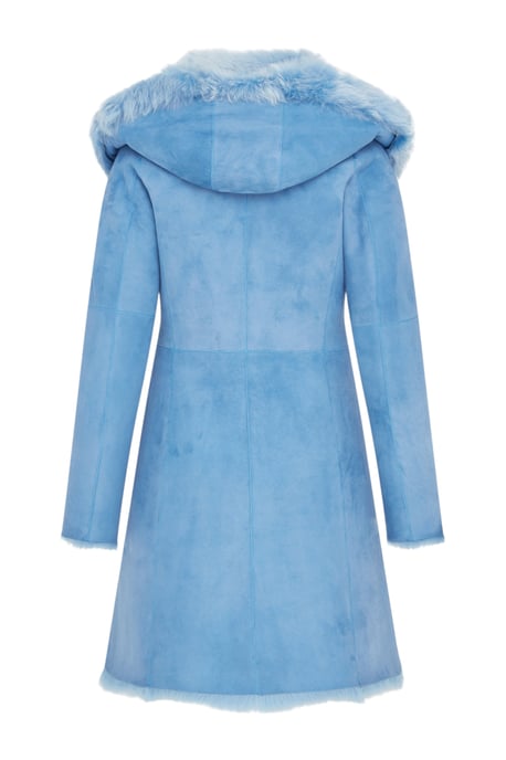 Dames blauwe Toscaanse schapenvacht suède leren trenchcoat met capuchon - Aura - Image 4