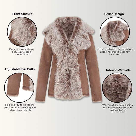 Dames Taupe Schapenvacht Toscana Shearling Suède Leren Jas - Noiré - Image 3