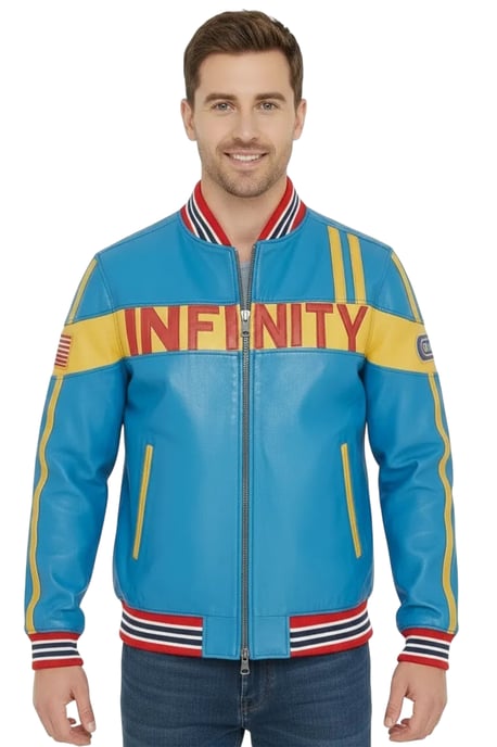 Herr Blå Läder Track Racing Bomber Bikerjacka - Player - Image 6
