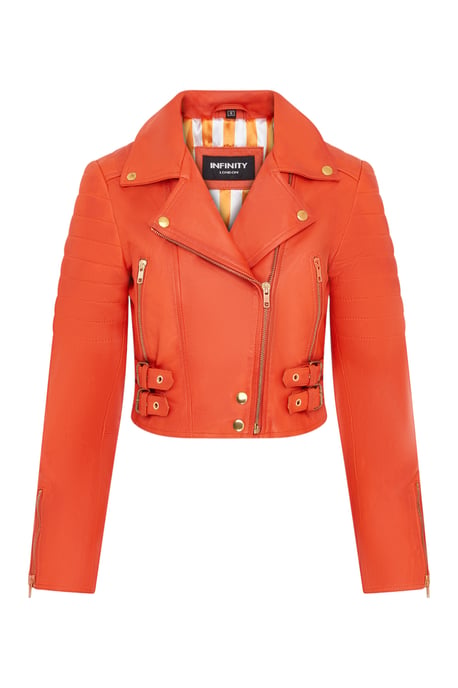 Womens Orange Brando Cropped Leather Jacket-Longtown - Image 1