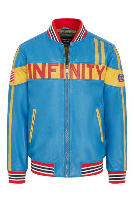 Mens Blue Italian Leather Track Racing Bomber Biker Jacket - Circuit - Image 1