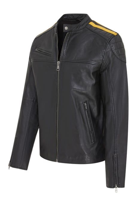 Heren Zwart Klassiek Gewatteerd Geel Leren Bikerjack - Meridian - Image 2
