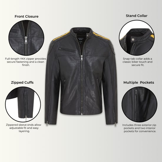 Heren Zwart Klassiek Gewatteerd Geel Leren Bikerjack - Meridian - Image 3