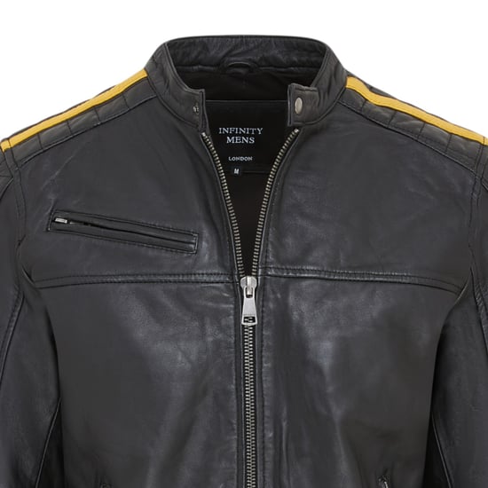 Heren Zwart Klassiek Gewatteerd Geel Leren Bikerjack - Meridian - Image 5