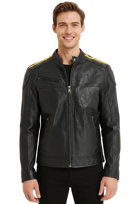 Mens Black Classic Quilted Yellow Strip Leather Biker Jacket - Velocity - Image 1