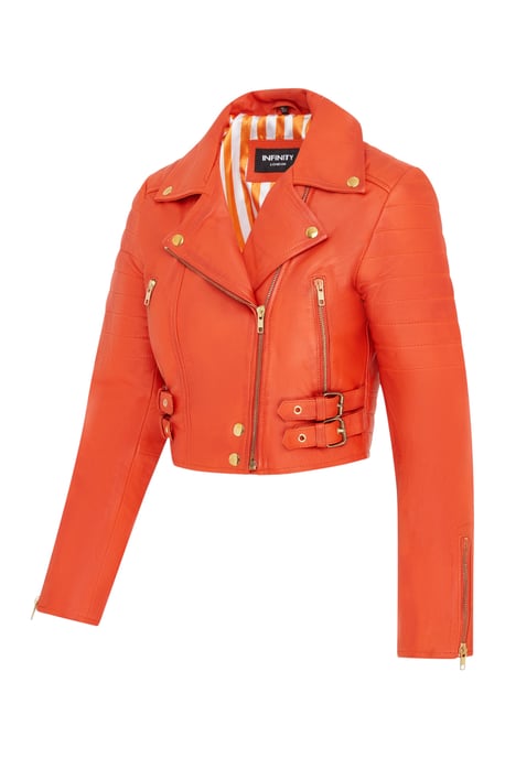 Dames oranje cropped Brando leren bikerjack - Durban - Image 4