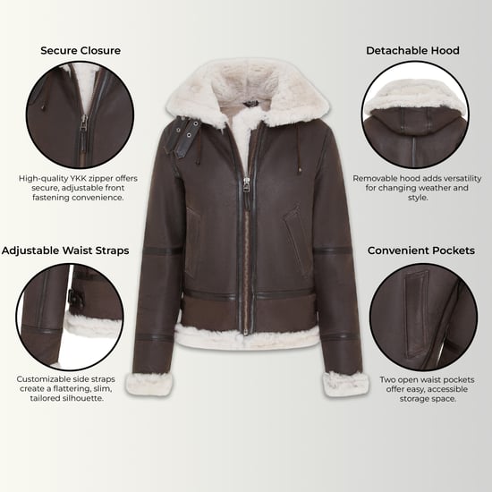 Womens Creck Brown Hooded Sheepskin Flying Bomber Leather Jacket - Sovereign - Image 3