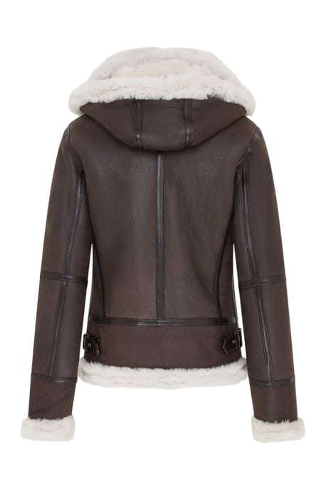 Womens Creck Brown Hooded Sheepskin Flying Bomber Leather Jacket - Sovereign - Image 5