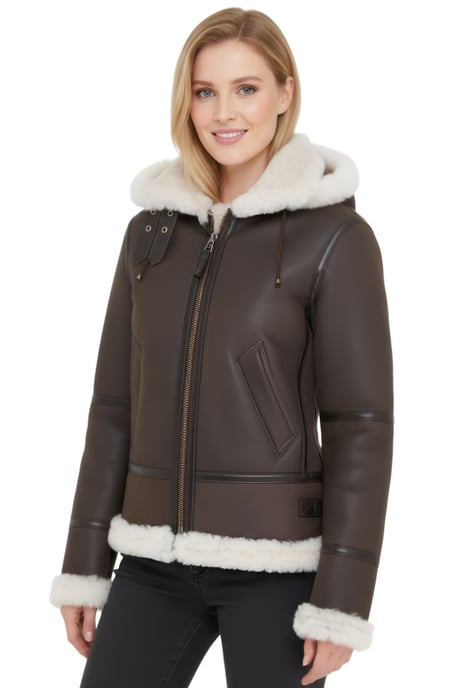 Female Creck Brown Hooded Sheepskin Flying Leather Jacket-Orford - Image 1