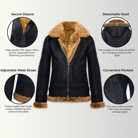 Womens Brown Ginger Hooded Sheepskin Flying Bomber Leather Jacket - Sovereign - Image 3