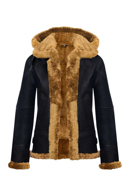 Womens Brown Ginger Hooded Sheepskin Flying Bomber Leather Jacket - Sovereign - Image 4