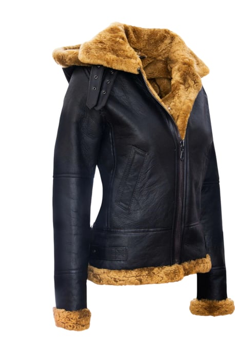 Womens Brown Ginger Hooded Sheepskin Flying Bomber Leather Jacket - Sovereign - Image 5