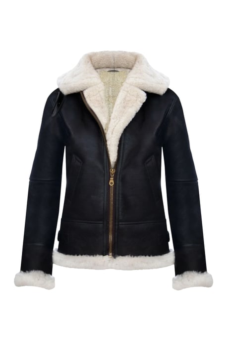 Womens Brown Cream Hooded Sheepskin Flying Bomber Leather Jacket - Sovereign - Image 2