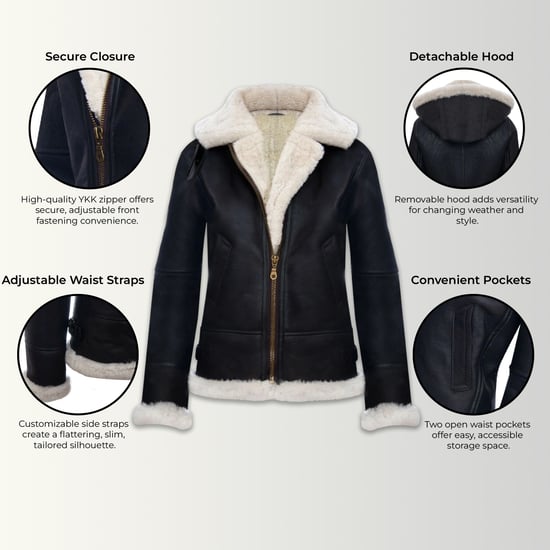 Womens Brown Cream Hooded Sheepskin Flying Bomber Leather Jacket - Sovereign - Image 3