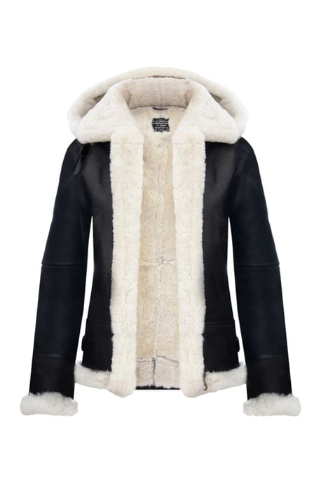 Womens Brown Cream Hooded Sheepskin Flying Bomber Leather Jacket - Sovereign - Image 4