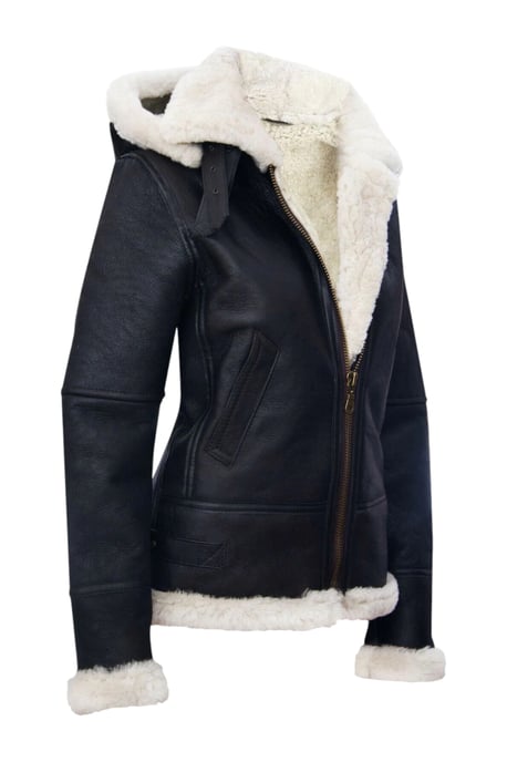 Womens Brown Cream Hooded Sheepskin Flying Bomber Leather Jacket - Sovereign - Image 5