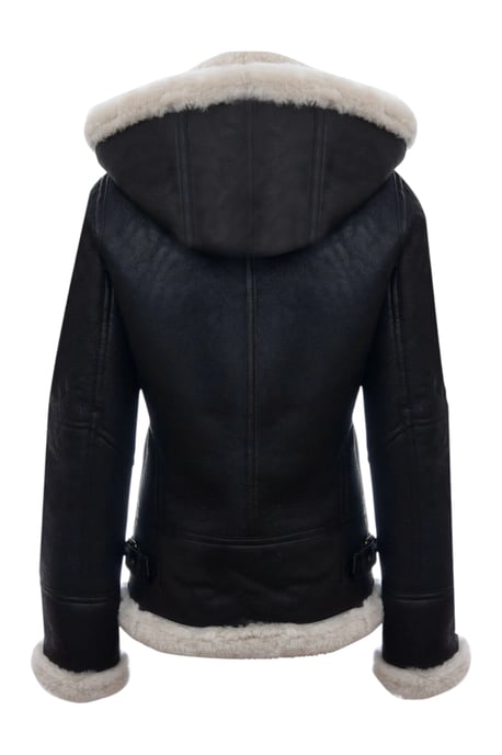 Womens Brown Cream Hooded Sheepskin Flying Bomber Leather Jacket - Sovereign - Image 6