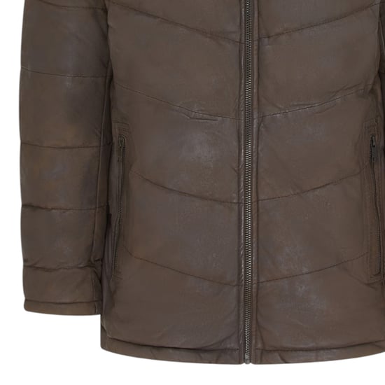 Heren Bruine Leren Gewatteerde Jas met Capuchon en Puffer Winterjas - Olyic - Image 6