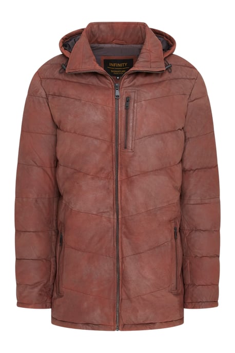 Mens Tan Leather Quilted Jacket Hooded Puffer Winter Coat - Summit - Image 2