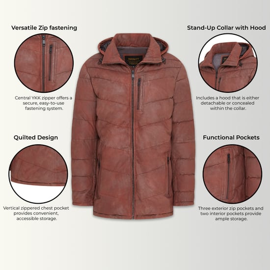 Mens Tan Leather Quilted Jacket Hooded Puffer Winter Coat - Summit - Image 3