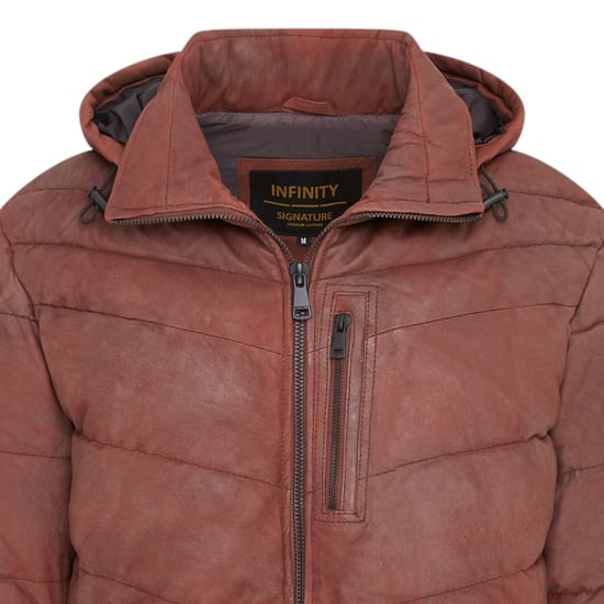 Mens Tan Leather Quilted Jacket Hooded Puffer Winter Coat - Summit - Image 6