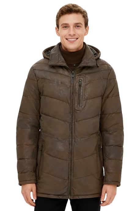 Mens Brown Leather Quilted Jacket Detachable Hood Puffer Winter Coat - Orion - Image 1