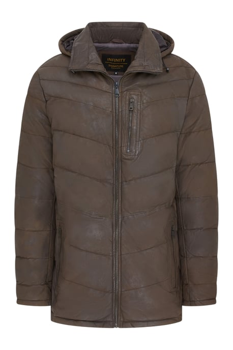 Mens Brown Leather Quilted Jacket Detachable Hood Puffer Winter Coat - Orion - Image 2