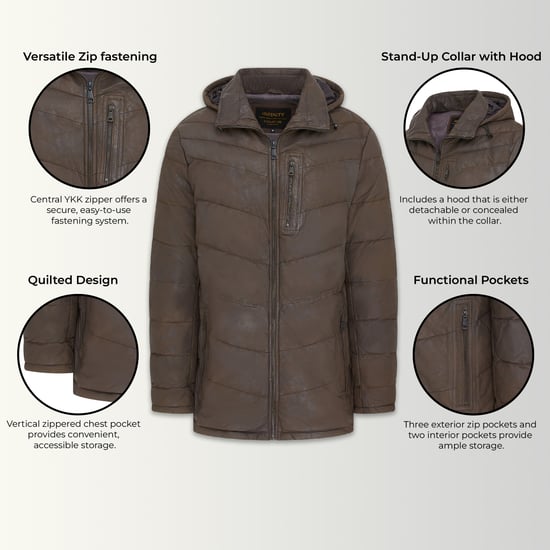 Mens Brown Leather Quilted Jacket Detachable Hood Puffer Winter Coat - Orion - Image 3