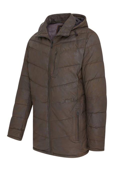 Mens Brown Leather Quilted Jacket Trekking Hooded Puffer Winter Coat - Summit - Image 4