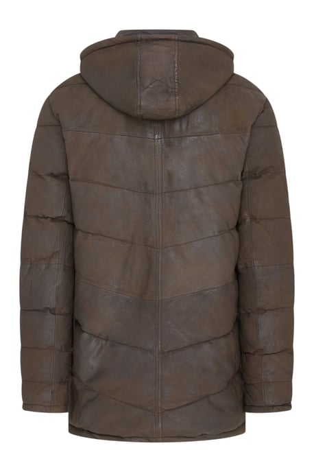 Mens Brown Leather Quilted Jacket Trekking Hooded Puffer Winter Coat - Summit - Image 5