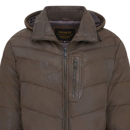 Mens Brown Leather Quilted Jacket Trekking Hooded Puffer Winter Coat - Summit - Image 6