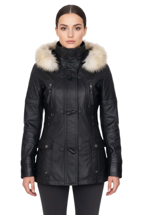 Womens Black Lamb Leather Quilted Parka Fur Hood Jacket- Duchess - Image 1