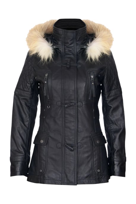 Womens Black Lamb Leather Quilted Parka Fur Hood Jacket- Duchess - Image 2