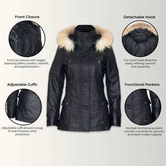 Womens Black Lamb Leather Quilted Parka Fur Hood Jacket- Duchess - Image 3