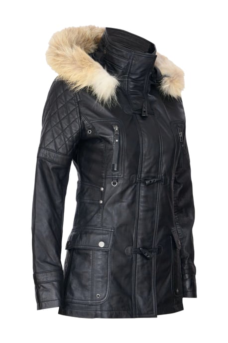 Womens Black Lamb Leather Quilted Parka Fur Hood Jacket- Duchess - Image 4
