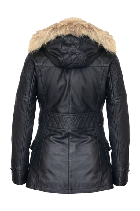 Womens Black Lamb Leather Quilted Parka Fur Hood Jacket- Duchess - Image 5