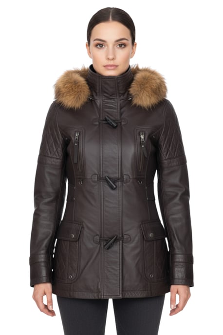 Womens Brown Lamb Leather Quilted Parka Fur Hood Jacket- Duchess - Image 1