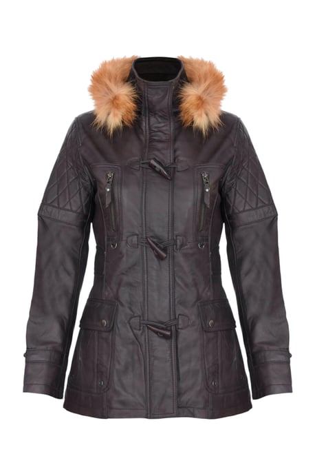 Womens Brown Lamb Leather Quilted Parka Fur Hood Jacket- Duchess - Image 2