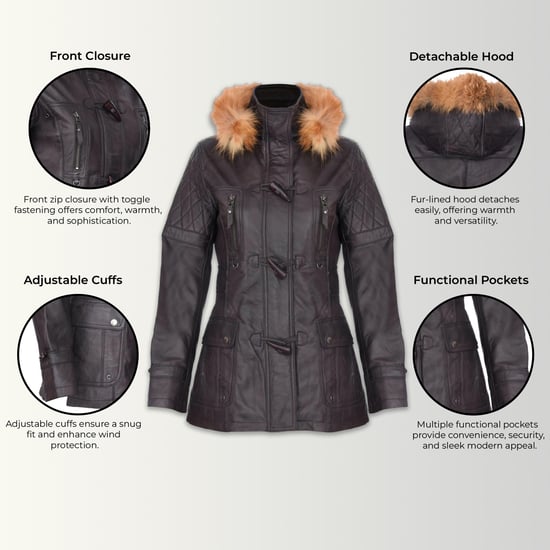 Womens Brown Lamb Leather Quilted Parka Fur Hood Jacket- Duchess - Image 3
