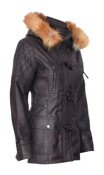 Womens Brown Lamb Leather Quilted Parka Fur Hood Jacket- Duchess - Image 4