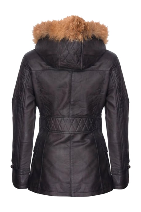 Womens Brown Lamb Leather Quilted Parka Fur Hood Jacket- Duchess - Image 5