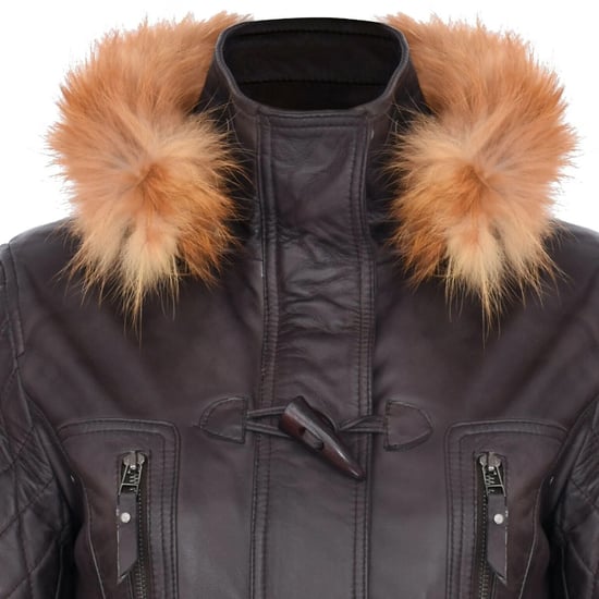 Womens Brown Lamb Leather Quilted Parka Fur Hood Jacket- Duchess - Image 6