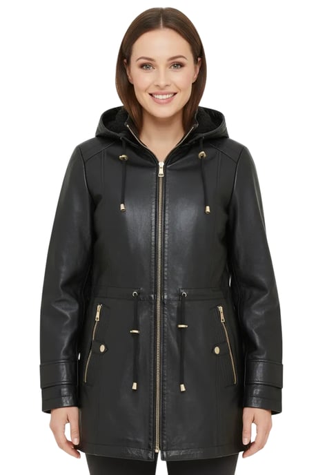 Zwarte leren parka voor dames met afneembare borg capuchon en trenchcoat - Emilia - Image 1