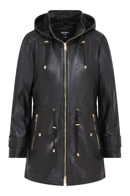Zwarte leren parka voor dames met afneembare borg capuchon en trenchcoat - Trekker - Image 1