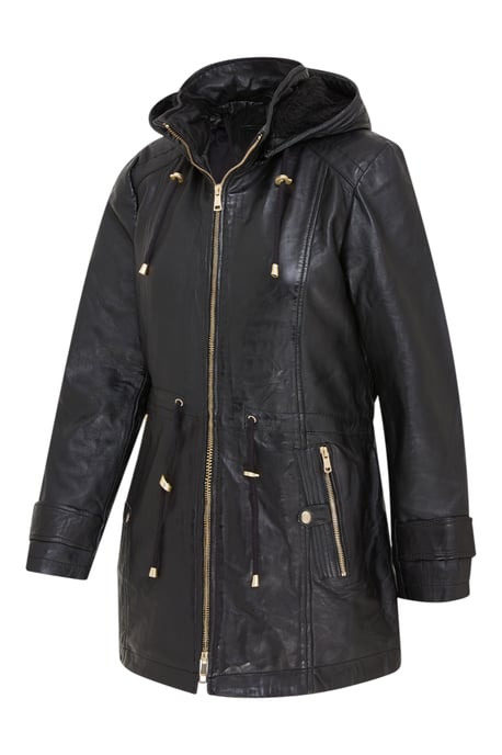 Zwarte leren parka voor dames met afneembare borg capuchon en trenchcoat - Trekker - Image 2