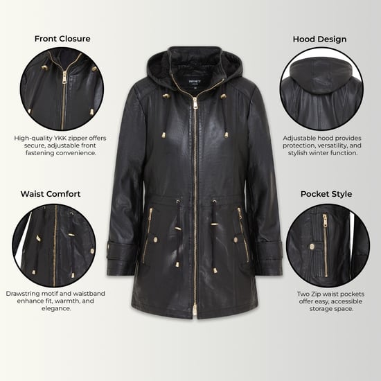 Zwarte leren parka voor dames met afneembare borg capuchon en trenchcoat - Trekker - Image 3