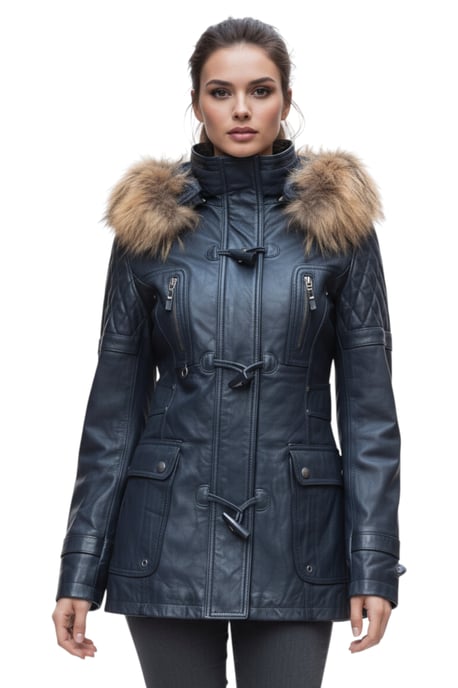 Womens Navy Lamb Leather Quilted Parka Fur Hood Jacket- Duchess - Image 1