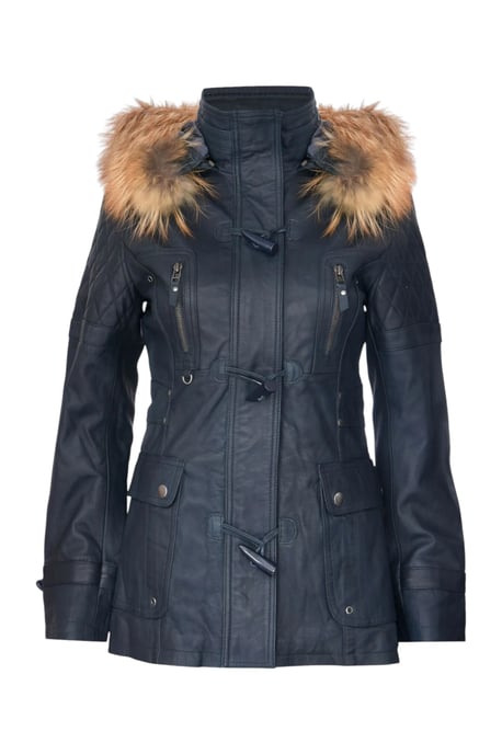 Womens Navy Lamb Leather Quilted Parka Fur Hood Jacket- Duchess - Image 2