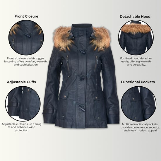 Womens Navy Lamb Leather Quilted Parka Fur Hood Jacket- Duchess - Image 3