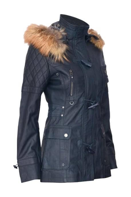 Womens Navy Lamb Leather Quilted Parka Fur Hood Jacket- Duchess - Image 4
